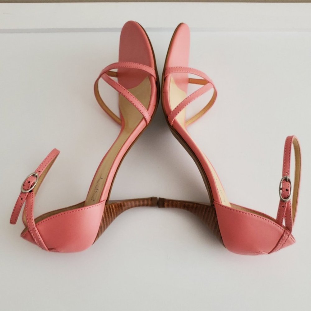 Ann Taylor Loft Leather Ankle Strap 3" Wood Heel Sandals | Like New | 6.5 | Pink - Picture 3 of 16